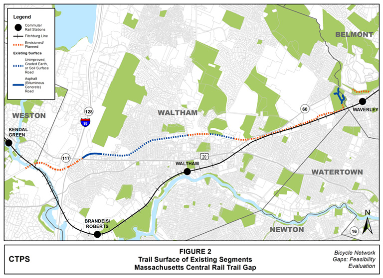 Figure 2 – Map illustrating the trail surface – asphalt (bituminous concrete) road or unimproved/graded earth/soil surface road – of the existing segments of the Massachusetts Central Rail Trail along the gap in Belmont, Waltham, and Weston. The map also indicates which portions of the trail, for the time being, remain simply envisioned or planned.